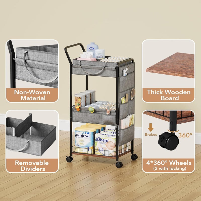 BBLIKE 3-Tier Diaper Caddy Organizer - Rolling Utility Baby Cart with Basket and Side Pockets for Nursery and Baby Essentials, Multi-Function Cart for Bedroom and Bathroom,Gray - Image 3